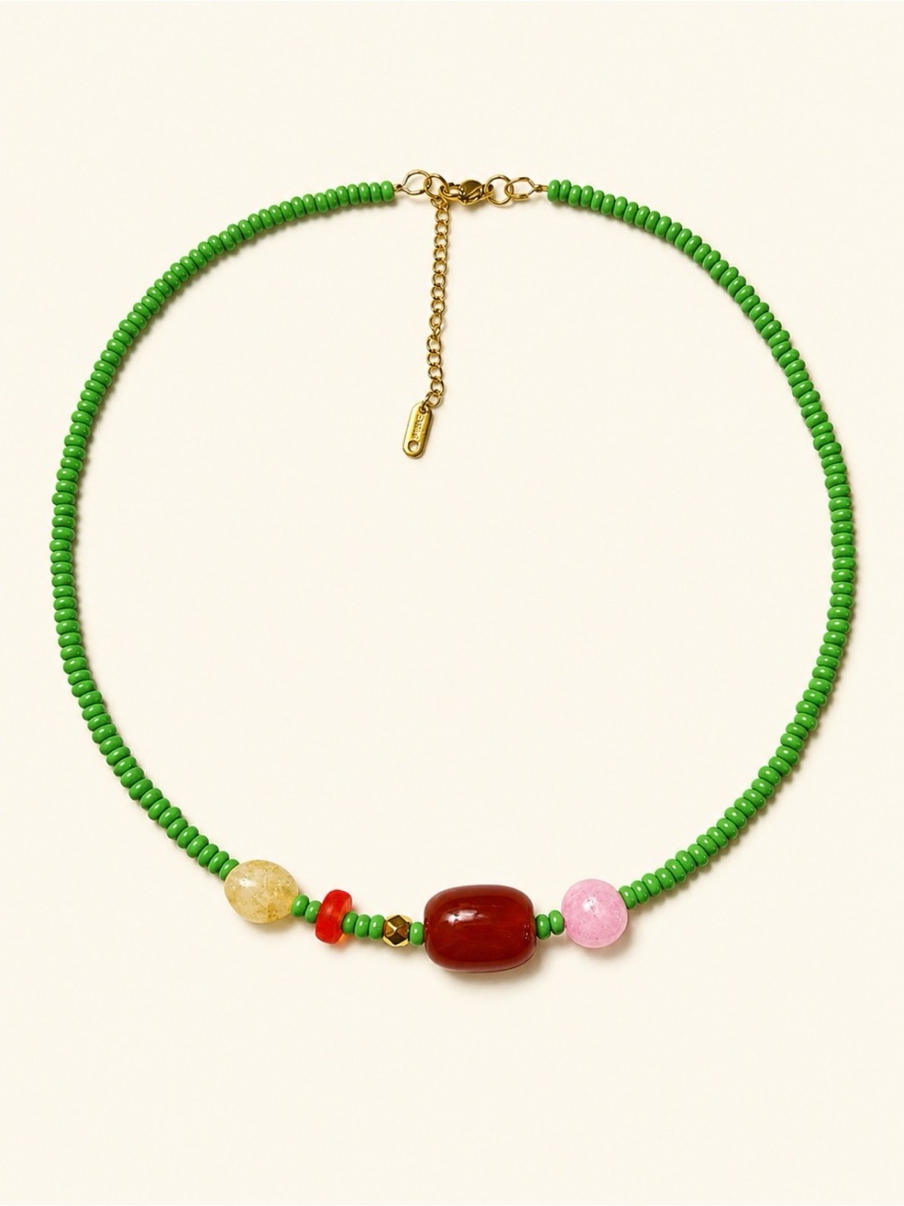 Green Beaded Necklace with Multicolor Accent Beads